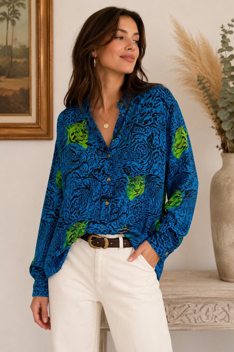 Escada Margaretha Ley 100% Silk Tiger Print Blouse Blue Green EU 40 US 8
